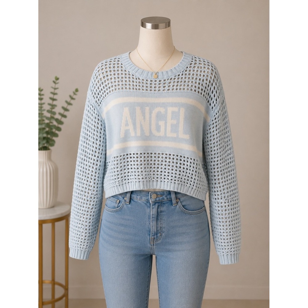 Hooked Up by IOT Pale Blue‎ Open-Knit ANGEL Crewneck Sweater Size S NWTS